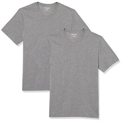 Abbildung von Amazon Essentials Herren Kurzärmelige T Shirts mit V Ausschnitt, 2er Pack, Grau Meliert, XL