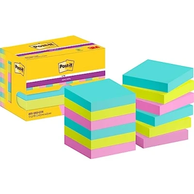 Abbildung von Post it Super Sticky Notes Cosmic Collection, Packung mit 12 Blöcken, 90 Blatt pro Block, 47,6 mm x mm, Türkis, Grün, Pink Extra stark klebende Notizzettel für Notizen und To Do Listen