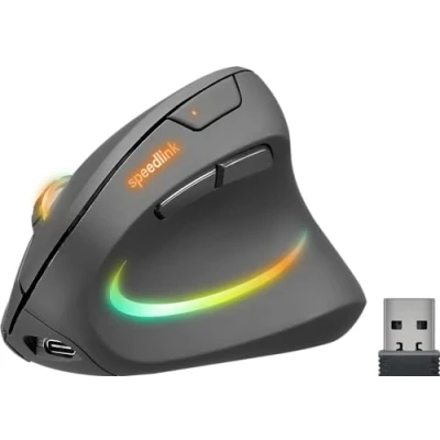 Abbildung von Speedlink PIAVO PRO RGB vertikale Maus wiederaufladbar kabellose leise ergonomisch für Rechtshänder, integrierter Akku, LED Beleuchtung, bis 3200 dpi einstellbar, schwarz