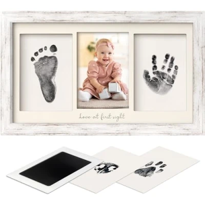Abbildung von Baby Handabdruck und Fußabdruck Set Clean Touch Stempelkissen Hand Fuß für Neugeborene, Bilderrahmen Fabre, Baby, Dusche Abdruckset (Vintage White)