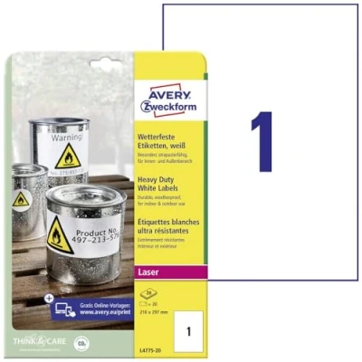 Abbildung von AVERY Zweckform L4775 20 Wetterfeste Folienetiketten (20 Klebeetiketten, 210x297mm auf A4, extrem stark selbstklebend, wasserfest, strapazierfähig, bedruckbare Outdoor Klebefolie) Blatt, weiß