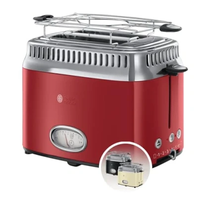 Abbildung von Russell Hobbs Toaster [für 2 Scheiben] Retro Edelstahl Rot (Countdown Anzeige im Retrodesign, inkl. Brötchenaufsatz, 6 Bräunungsstufen + Auftau &amp; Aufwärmfunktion, 1300W) Vintage 21680 56
