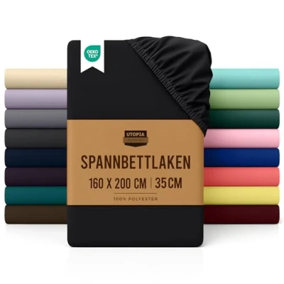 Abbildung von Utopia Bedding Spannbettlaken 160x200cm Schwarz Gebürstete Polyester Mikrofaser Spannbetttuch 35 cm Tiefe Tasche
