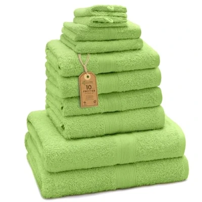 Abbildung von GREEN MARK Textilien 10 TLG. FROTTIER Handtuch Set mit verschiedenen Größen 4X Handtücher, 2X Duschtücher, Gästetücher, Waschhandschuhe Farbe: Apfel grün Premium Qualität