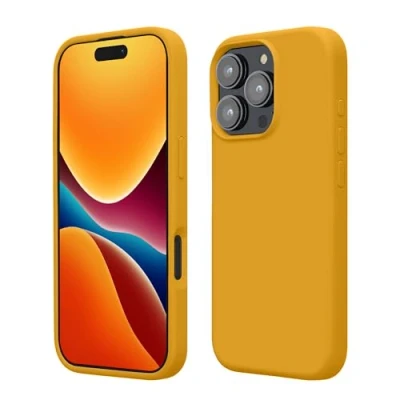 Abbildung von kwmobile Hülle kompatibel mit iPhone 16 Pro Silikon Handy Case Handyhülle weiche Oberfläche kabelloses Laden Honiggelb
