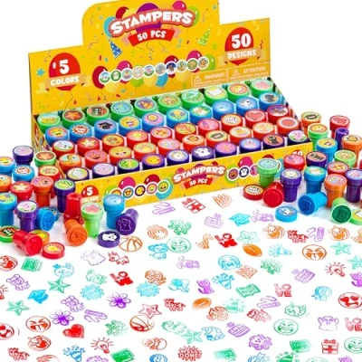 Abbildung von JOYIN 50 Stück Mini Stempel Kinder ab 2 Jahre 5 Farben, Designs für Kindergeburtstag mitgebsel, stempelset kleine Geschenke Kinder, Weihnachten Halloween gastgeschenke