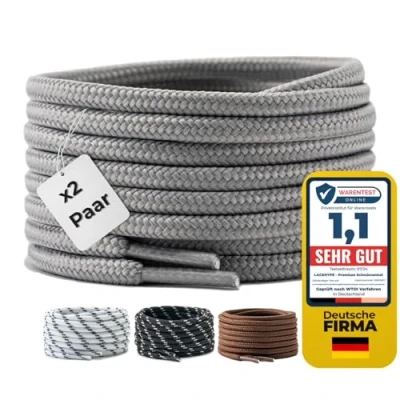 Abbildung von LaceHype 2 Paar Premium Runde Schnürsenkel [ Ø4,5 mm ] Polyester für Arbeitsschuhe, Stiefel, Outdoorschuhe und Sportschuhe reißfeste Schuhbänder (Grau, 180cm)