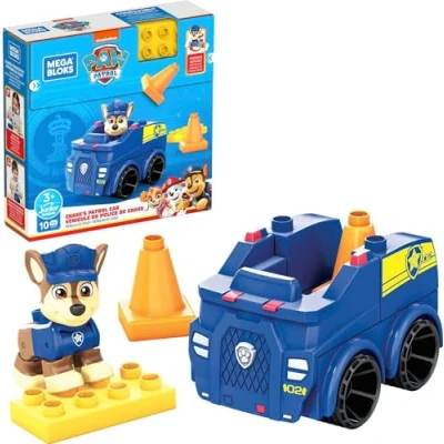 Abbildung von MEGA HDJ33 Bloks PAW Patrol Polizeiauto Bausatz, 10 Bauklötze und Sonderteile mit 1 Chase Figur, Pylonen Kegel rollendem Radstand, Spielzeug Geschenkset für 3 5 Jahre