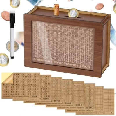 Abbildung von Alyvisun Spardose Holz mit Marker Aufklebern, Sparbüchse Zähler 5000 Wiederverwendbare Geldkassette Holzspardose Sparziel zum Ankreuzen Sparbox Geldsparbox Cash Box 500 10000 Ziel