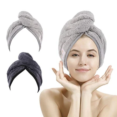 Abbildung von M bestl 2 Pack Haartuch Turban, Mikrofaser Haartrocknungshandtuch mit Knopfdesign zum Trocknen der Haare (Dunkelgrau &amp; Hellgrau