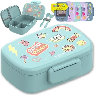 Abbildung von BEARFOOT Brotdose Kinder mit Fächern, BPA frei, Lunchbox, Bento box, Brotbox, Mädchen &amp; Jungen, Snackbox, 100% auslaufsicher, Vesperbox für Kindergarten, Schule (Sticker mint)