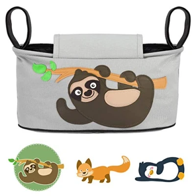 Abbildung von GLÜCKSWOLKE Kinderwagen Organizer 12 Motive I Kinderwagentasche verschließbar Kinder Buggy Tasche mit Feuchttuchspender Baby Stroller Pram Bag Aufbewahrungstasche (Fannie Faultier grau)