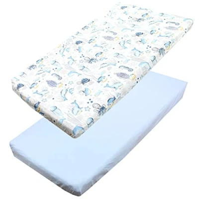Abbildung von TupTam Baby Spannbettlaken Kinder Spannbetttuch für Babybett Kinderbett 2er Pack, Farbe: Meerestiere Blau, Größe: 70 x 140 cm