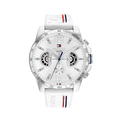 Abbildung von Tommy Hilfiger Multi Zifferblatt Quarz Uhr für Herren mit Weisses Silikonarmband 1710676