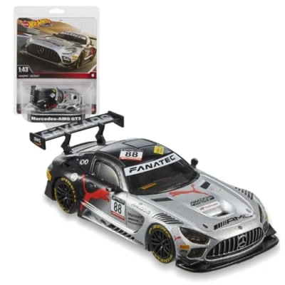 Abbildung von Hot Wheels Premium Mercedes AMG GT3, Fahrzeug im Maßstab 1:43, offiziell lizenzierte Replikate für Erwachsene Sammler, Real Riders Reifen, Metall/Metall Karosserie und Fahrgestell, HMD44