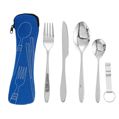 Abbildung von BRAMBLE Camping Besteckset 1 Person Edelstahl Reisebesteck mit Etui (Blau) Outdoor Besteck Set für Unterwegs