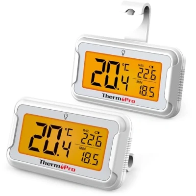 Abbildung von ThermoPro Kühlschrankthermometer Digital mit großem LCD Display und Hintergrundbeleuchtung Gefrierschrank Thermometer Max/Min Aufzeichnung Magnet Ständeroptionen 2 Stücke