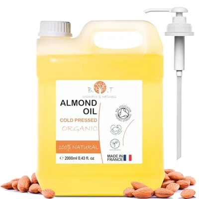 Abbildung von Mandelöl BIO Reines, Kaltgepresst, Natürlich. Kosmetik Massageöl, Haar und Bartöl, Körperöl, Anti Falten Gesichtsöl, Schwangerschaftsstreifen, Nägel, Baby, Scalp Oil 2000 ml