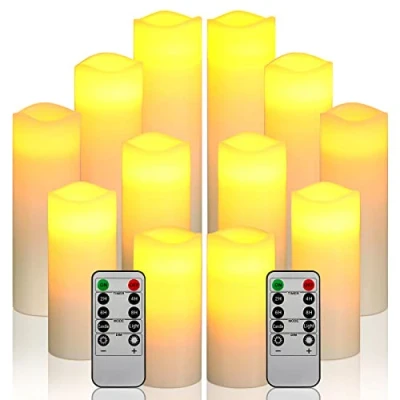 Abbildung von Da by LED Kerzen, Batteriekerzen Set aus 12 (2xH 20 cm, 2x H18 2x16 2xH14cm, 2xH13cm, 2xH12cm) Elfenbein Wachskerze mit Fernbedienung（Batterien nicht enthalten）
