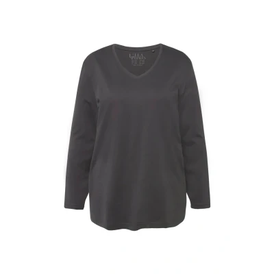 Abbildung von Ulla Popken Damen Basic t Shirt, V Ausschnitt, Entspannt, Langärmelig Unterhemd, Graphitgrau, 40 42