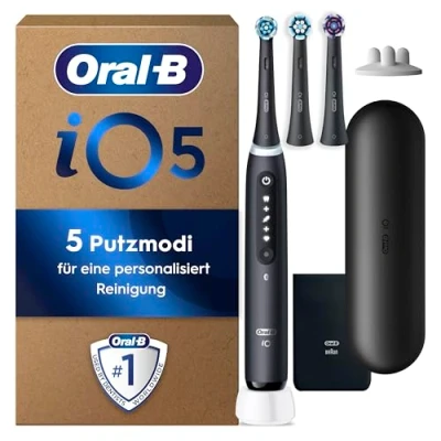 Abbildung von Oral B iO Series 5 PLUS Edition Elektrische Zahnbürste/Electric Toothbrush, 3 Aufsteckbürsten inkl. Whitening, Magnet Etui, Putzmodi, Designed by Braun, Geschenk Mann/Frau, Matt Black