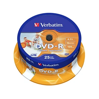 Abbildung von Verbatim DVD R Wide Inkjet Printable 4.7GB, 25er Pack Spindel, Rohlinge bedruckbar, 16 fache Brenngeschwindigkeit &amp; Hardcoat Scratch Guard, printable, leer