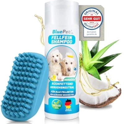 Abbildung von BluePet FellFein Badebürste Gummistriegel + Hundeshampoo für Kurzhaar Hunde &amp; Katzen mit Massageeffekt Entfernt loses Deckhaar, Staub Schmutz Idealer Badestriegel