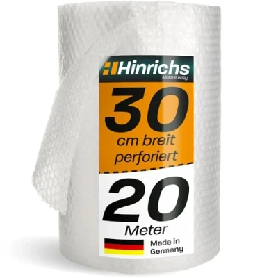 Abbildung von Hinrichs Luftpolsterfolie Rolle 20m x 30cm perforiert Ideal für Versand, Verpackung und Umzug 100% recyclingfähig Bubble Wrap als Verpackungsmaterial Noppenfolie Polstermaterial
