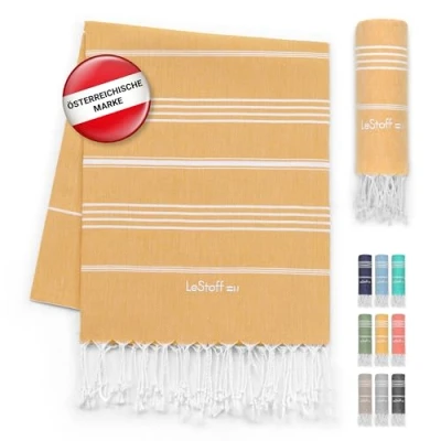 Abbildung von LeStoff Premium Hamamtuch 100% Bio Baumwolle Vorgewaschen, Nachhaltig, Saugstark &amp; Schnelltrocknend Strand, Bade, Dusch, Yoga, Spa Reise Tuch (200 x 200 cm Yellow)