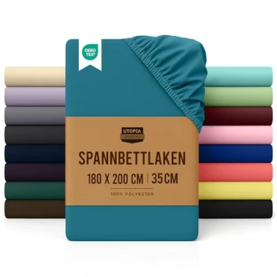 Abbildung von Utopia Bedding Spannbettlaken 180x200cm Denim Blau Gebürstete Polyester Mikrofaser Spannbetttuch 35 cm Tiefe Tasche