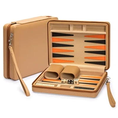 Abbildung von Yellow Mountain Imports Reisespielset Backgammon in Magnetischer Lederoptik, Bozcaada mit Magnetischen Spielsteinen, 23,5 Zentimeter Spielbrett