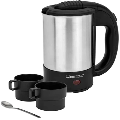 Abbildung von Clatronic® Wasserkocher mit 0,5L Füllmenge klein ideal für unterwegs Reisewasserkocher inkl. 2 Tassen Mini verdecktem Heizelement Edelstahlgehäuse WKR 3624