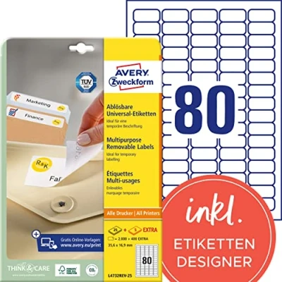 Abbildung von AVERY Zweckform L4732REV 25 Universal Etiketten (2.000 plus 400 Klebeetiketten extra, 35,6x16,9mm auf A4, wieder rückstandsfrei ablösbar/abziehbar, bedruckbar, selbstklebende Aufkleber) 30 Blatt, weiß