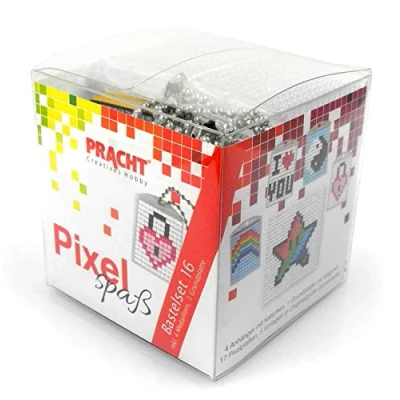 Abbildung von Pixel P90033 63501 Spaß Bastelset 16, zur Gestaltung von 4 Schlüsselanhängern (Medaillons) für Kinder, kinderleichtes Stecksystem, ohne Bügeln und Kleben, Steinchen aus Biokunststoff