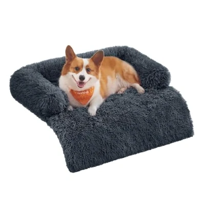 Abbildung von Feandrea FluffyHug Hundebett Plüsch, Hundedecke Sofa, Sofaschutz Hund, Hundekissen, Größe L, für mittelgroße Hunde, 95 x 85 16 cm, dunkelgrau PGW222G02
