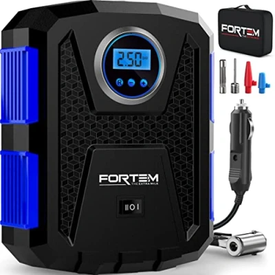 Abbildung von Fortem Tragbarer Kompressor Autoreifen, Fahrrad, 12V Autoreifen Pumpe und Fahrradpumpe Elektrisch mit LED Licht Digitaler Reifendruckmesser Automatische Pumpe/Abschaltung, Tasche