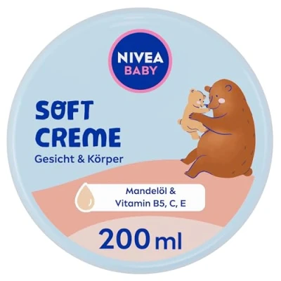Abbildung von NIVEA BABY Soft Pflegecreme, vegane und hypoallergene Hautcreme schützt stärkt, feuchtigkeitsspendende Creme für Babys mit Mandelöl Vitaminen, ohne Mikroplastik Parabene (200 ml)