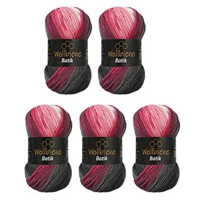 Abbildung von 5 x 100g Wollbiene Batik 500 Gramm Wolle mit Farbverlauf mehrfarbig Multicolor Strickwolle Häkelwolle (5100 grau beere weiß)