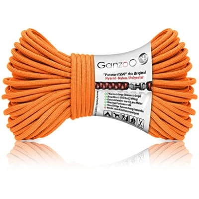 Abbildung von Ganzoo Paracord 550 Seil orange, 4mm, Typ 3, Nylon Polyester, Hybrid, Armband, Hunde Leine, Halsband knüpfen, ca. 250kg Bruchlast, Outdoor Rope, Camping Schnur, Allzweckseil, 30 Meter
