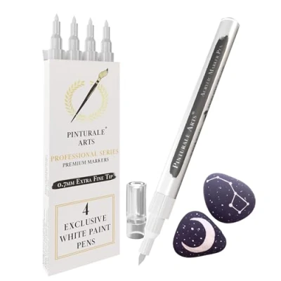 Abbildung von Pinturale Arts® Acrylstifte Weiß 4er Set Permanent Marker Weißer Stift Für Schwarzes Papier Auf Feiner Spitze 0,7mm Steine, Metall, Stoff, Keramik, Holz, Glas