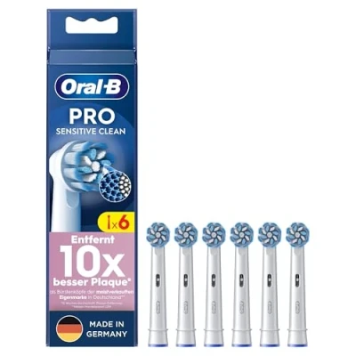 Abbildung von Oral B Pro Sensitive Clean Aufsteckbürsten für elektrische Zahnbürste, 6 Stück, sanfte Zahnreinigung, innovative X förmige Borsten, Original Zahnbürstenaufsatz, Made in Germany