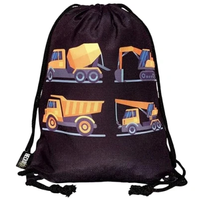 Abbildung von HECKBO Kinder Turnbeutel 4 Baufahrzeugen Bagger 40x32cm Sportkleidung Trinkflasche Kindergarten, Schule, Stoffbeutel Kita Rucksack, Tasche, Sportrucksack, Sportbeutel Junge Mädchen