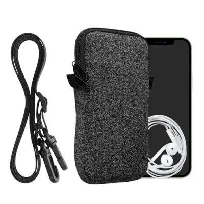 Abbildung von kwmobile Handytasche für Smartphones L 6,5&quot; Neopren Handy Hülle Anthrazit Weiß mit Kordel Tasche Handykette 16,5 x 8,9 cm Innenmaße