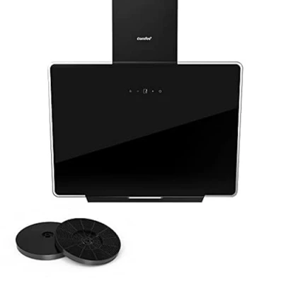 Abbildung von COMFEE&#039; A+ Dunstabzugshaube 60cm CHK 3.6J64A1B Wandhaube aus gehärtetem Glas und Edelstahl mit Touchscreen, LED Umluft Kanalsystem Wandmontierte Dunstabzugshaube, Schwarz
