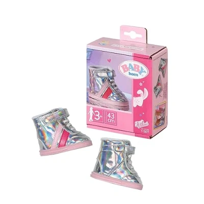 Abbildung von BABY born Sneakers silber, Puppenschuhe in Silber Metallic mit pinken Streifen für 43 cm Puppen, 831762 Zapf Creation