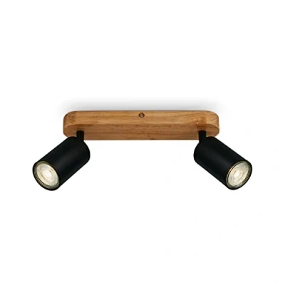Abbildung von BRILONER Leuchten Deckenlampe retro mit Holz, 2 flammige Deckenleuchte vintage, 2x GU10 Fassung, verstellbarer LED Spot, rustikaler Deckenspot, Schwarz 270x60x85 mm, 2922 025