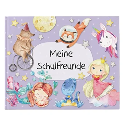 Abbildung von Papierdrachen Hochwertiges Freundebuch für Kinder Schulfreunde Lila Poesiealbum mit Prinzessin, Einhorn &amp; Meerjungfrau 27 Freunde buntes kindgerechtes Design