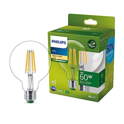 Abbildung von Philips LED Classic ultraeffiziente E27 Lampe in Globe Form (60 W), mit warmweißem Licht, energiesparende langer Nutzlebensdauer, Energieeffizienzklasse A