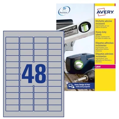 Abbildung von AVERY Zweckform L6009 20 Typenschild Folienetiketten (960 Aufkleber, 45,7x21,2mm auf A4, stark selbstklebend, strapazierfähig, wetterfest, bedruckbare Klebefolie, blanko) Blatt, silber