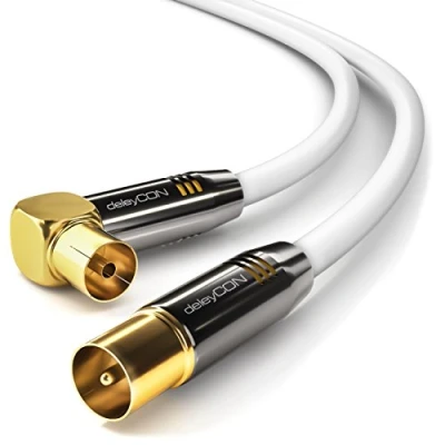 Abbildung von deleyCON 2m TV Antennenkabel HDTV Full HD 1x gewinkelt Koaxialkabel Stecker (gerade) zu Buchse (90 Grad) Metallstecker Weiß